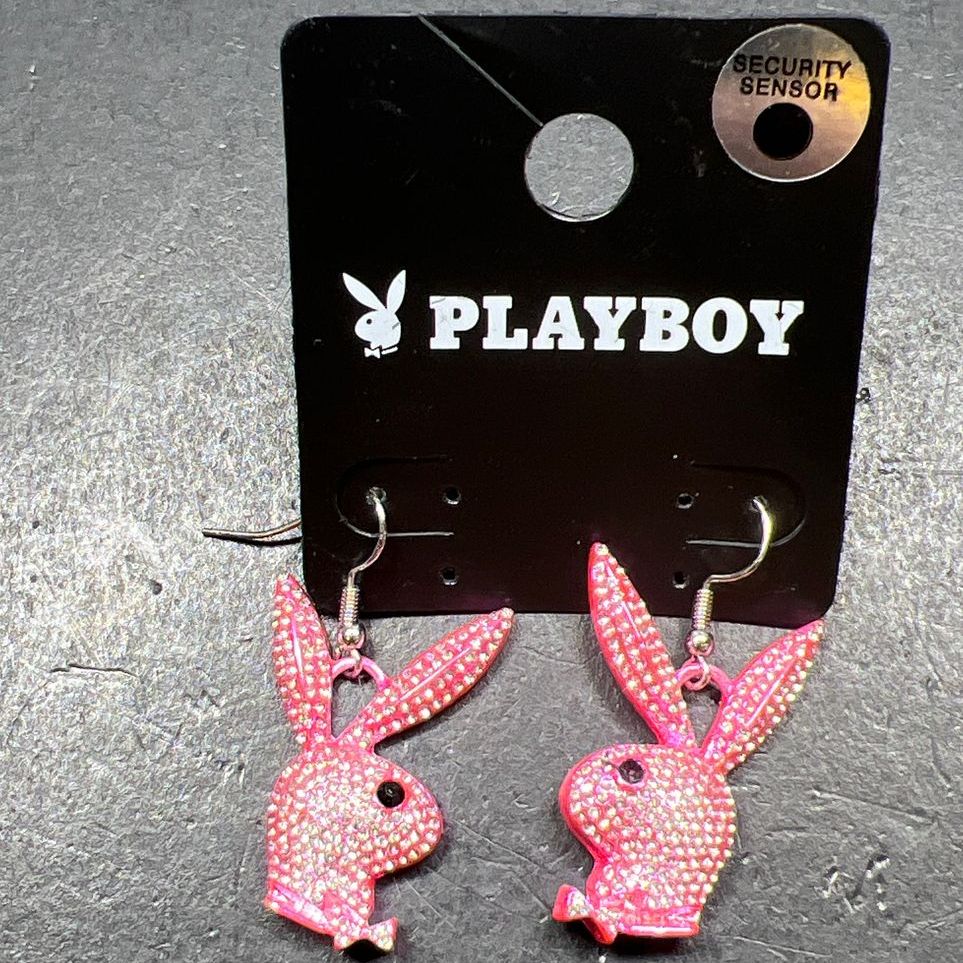 Spencer's Pink Rhinestone Playboy Bunny Dangle Earrings