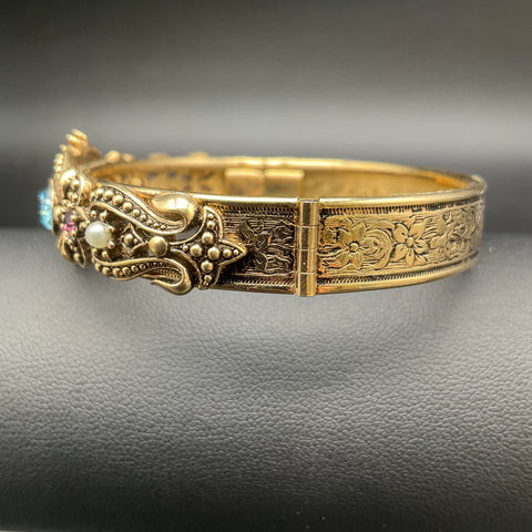 Vintage Avon Victorian Revival Gold Tone Bangle Bracelet Blue Purple Stones