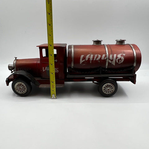 Laddy's Vintage Tin Tanker Truck Red Metal Gasoline Transport 16 Inch
