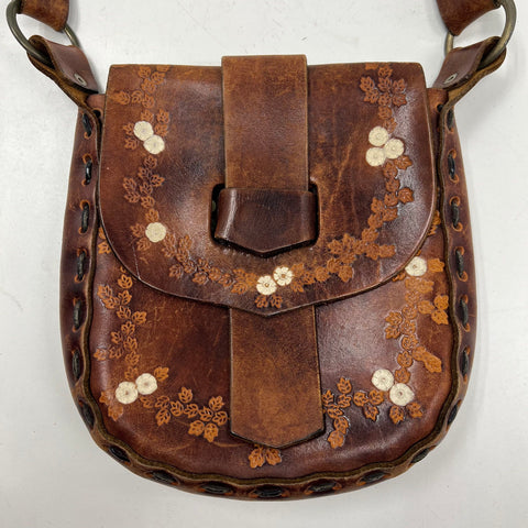 Vintage 70s Brown Tooled Leather Floral Hippie Shoulder Bag Boho Handmade