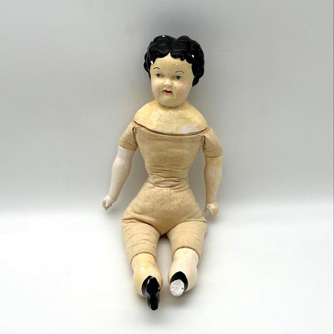 Antique China Head Doll 19 Inch Porcelain Cloth Body Painted Face Broken Foot