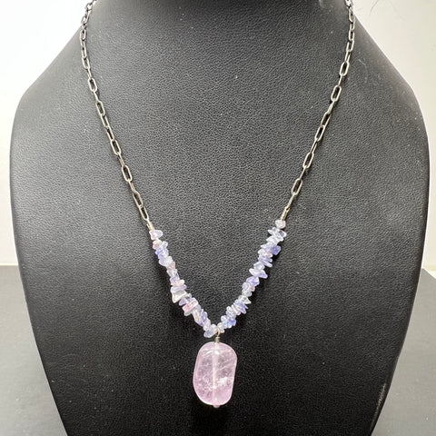 Artisan Sterling Silver Amethyst Chip & Pendant Necklace Dark Patina 20 Inch