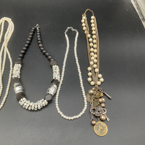 Faux Pearl Costume Jewelry Lot 9 Statement Floral Charm Multi-Strand Necklaces