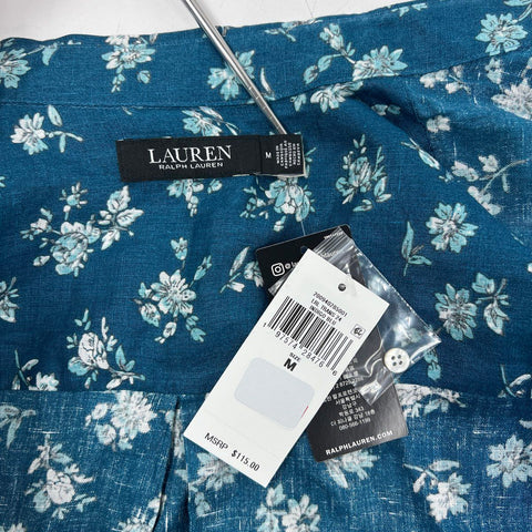 Lauren Ralph Lauren Women's Floral Linen Button Down Shirt Indigo Blue NWT Sz M