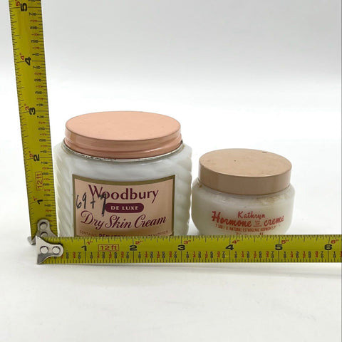 Vintage Woodbury & Kathryn Hormone Cream Milk Glass Jars Vanity Display Lot 2