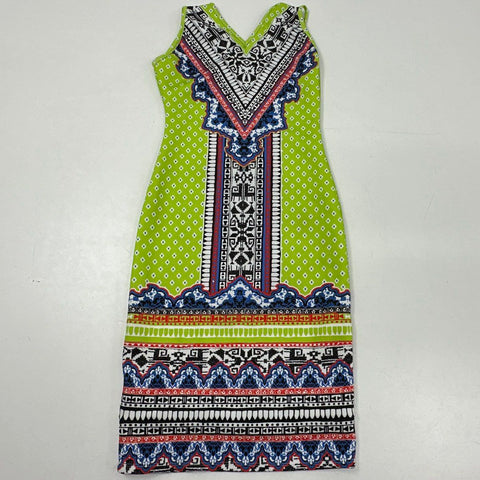Hale Bob Women's Lime Green Multicolor Geometric Tribal Print V-Neck Dress