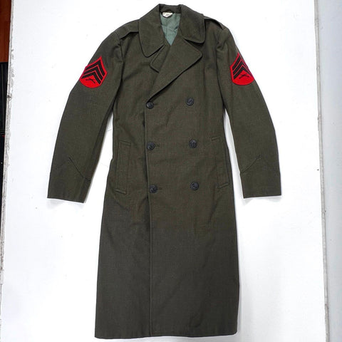 Vintage 60s US Army Men's Green Wool Serge Overcoat Trench Coat Patches Sz 36L