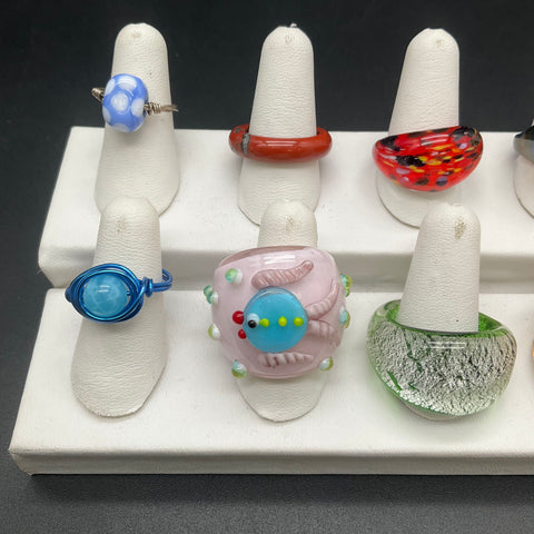 Vintage Boho Art Glass Resin Jewelry Lot of 10 Statement Rings Wire Wrapped