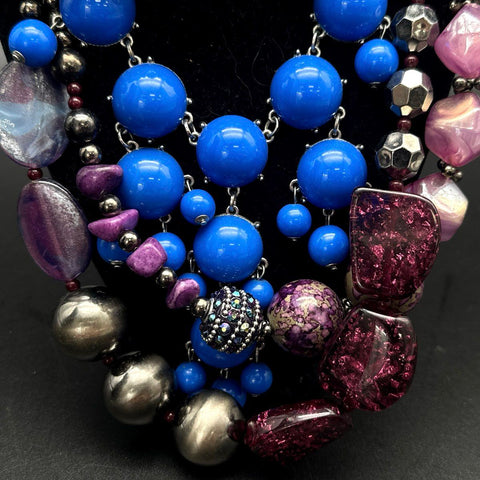 Boho Chunky Beaded Statement Jewelry Lot Multi-Strand Blue Teal Purple