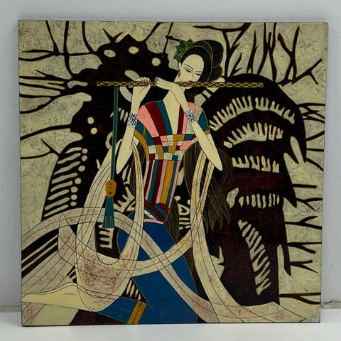 Ting Shao Kuang Print on Board Woman Flute Yunnan School Modern Art 16x16