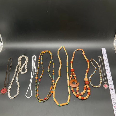 Vintage and Modern Costume Jewelry Lot of 8 Necklaces Wood Shell Beaded Pendants