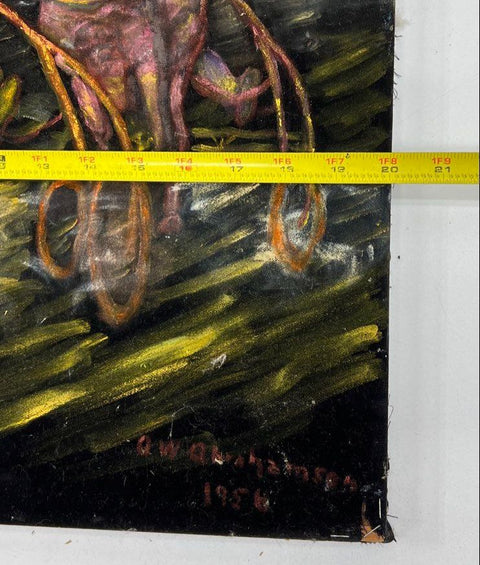 Signed 1956 Mid Century Oil on Velvet Painting Harness Racing Horses 20x24