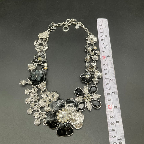 White House Black Market Silver Tone Floral Statement Necklace Black Enamel 18"