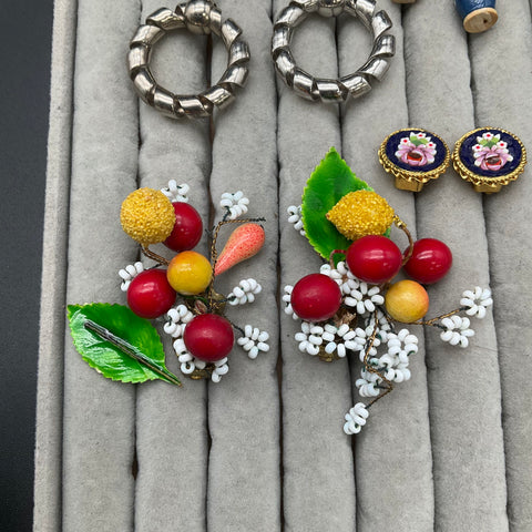 Vintage Costume Jewelry Lot 5 Pairs Micro Mosaic West Germany Fruit Kokeshi