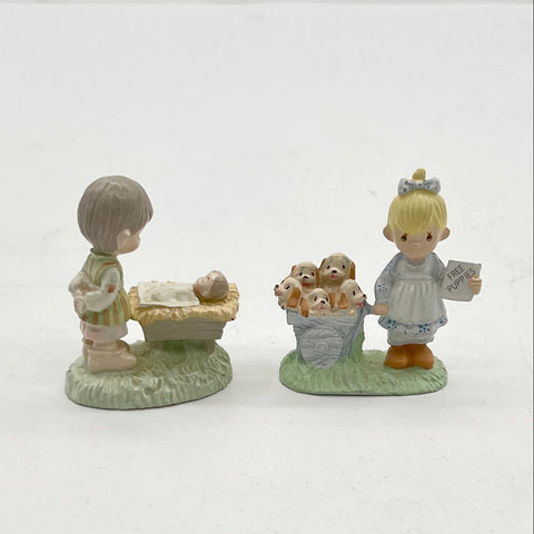 Precious Moments Enesco Figurine Lot 2 Pieces Boy Manger Girl Puppies Vintage