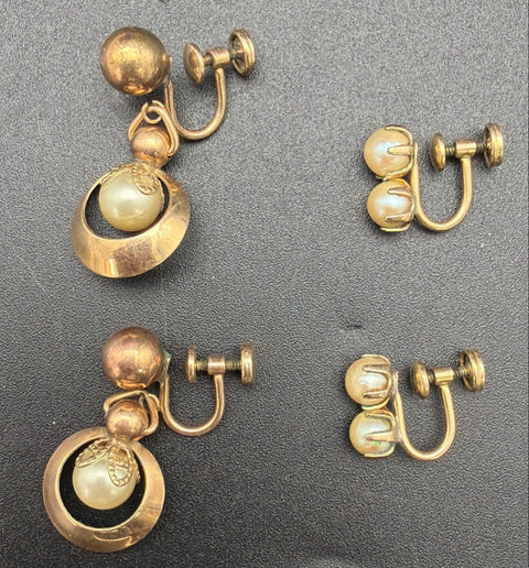 Vintage 12K Gold Filled Faux Pearl Screw Back Earrings Lot of 2 Pairs