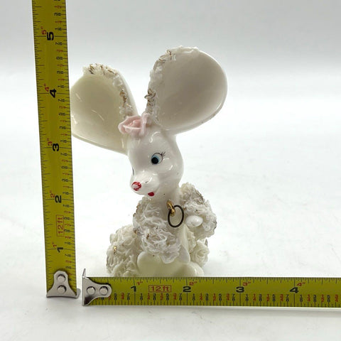 Vintage Ceramic Mouse Figurine White Spaghetti Ware With Pink Rose 4.5 Inch