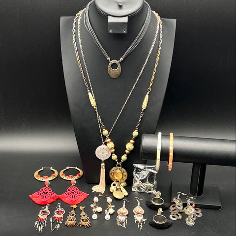 Bohemian Costume Jewelry Lot of 14 Necklaces Earrings Enamel Bracelets Tassel