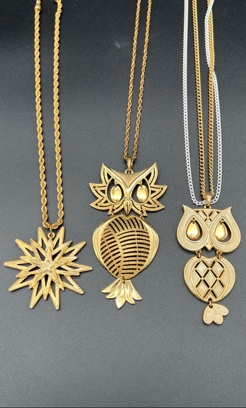 Vintage ALAN Gold Tone Articulated Owl Starburst Pendant Necklace Lot of 3