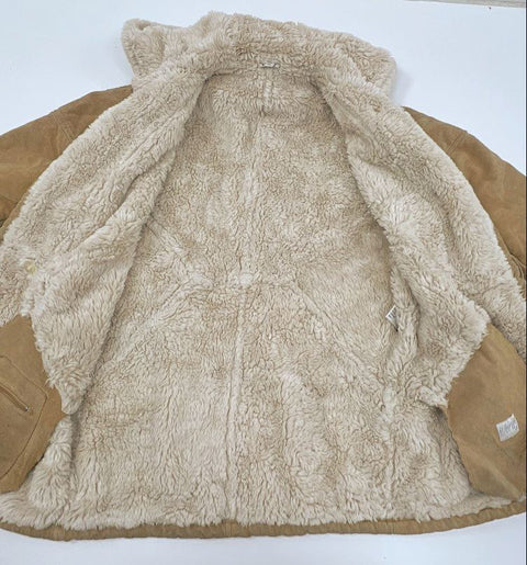 Vintage 90s Words Women's Tan Hooded Leather Suede Faux Fur Lined Coat Sz S