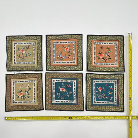 Vintage Chinese Silk Embroidered Floral Bird Napkin Lot 6pc 7x7 Square Art