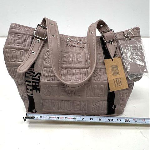 NWT Steve Madden Taupe Quilted Logo Tote Bag Shoulder Purse Silver Hardware