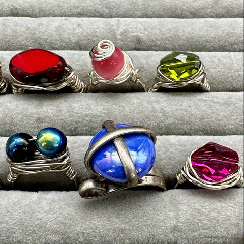 Artisan Wire Wrapped Silver Tone Rings Jewelry Lot of 10 Mixed Color Stones