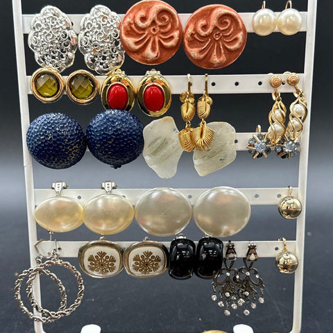 Vintage Retro Clip On Earrings Jewelry Lot 25 Pairs Faux Pearl Rhinestone Gold