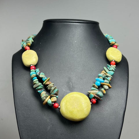 Turquoise Coral & Green Stone Beaded Necklace 72.15g