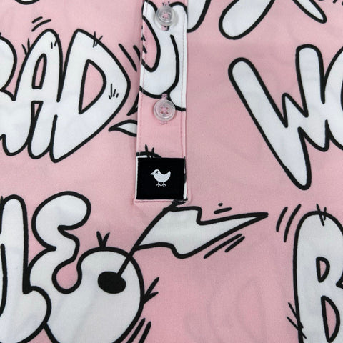 Bad Birdie Men's Pink Bad Wood Graffiti Print Performance Golf Polo Shirt Sz M