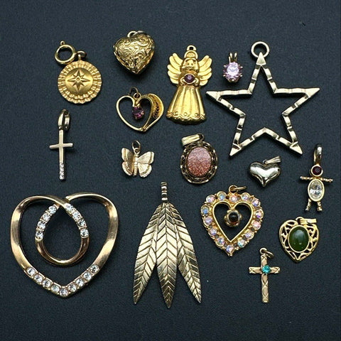 Vintage to Modern Gold Tone Costume Jewelry Lot of 16 Pendants Hearts Crosses