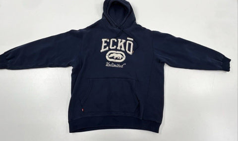 Vintage Y2K Ecko Unltd Men's Navy Blue Rhino Logo Applique Hoodie Sz XL