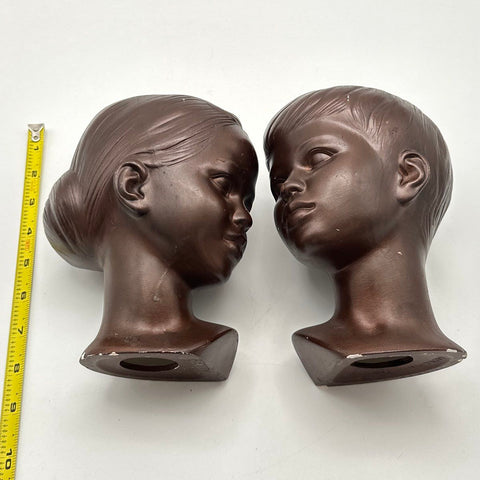 Vintage Holland Mold Ceramic Bust Heads Boy and Girl Pair Dark Brown 9 Inch