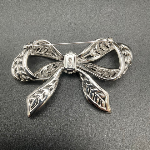 Nadri Silver Tone Rhinestone Art Deco Style Bow Brooch Pin 2.5"
