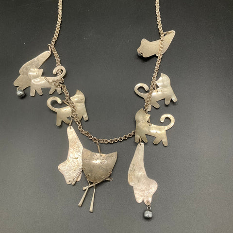 Vintage Silver Tone Whimsical Boho Cat Multi-Charm Statement Necklace 32"