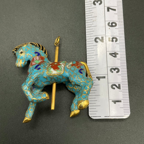 Vintage Cloisonne Enamel Carousel Horse Pendant Blue Gold Tone Jewelry 2.25"
