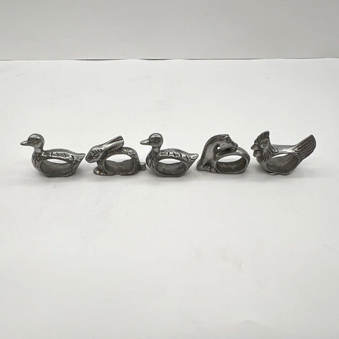 Animal Napkin Holders 5pc Set Duck Rabbit Horse Rooster Silver-tone Metal
