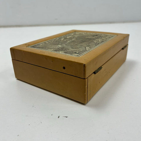 Vintage Mid-Century Medieval Scene Jewelry Box Two Tier with Key Faux Leather