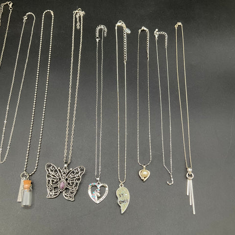 Silver Tone Costume Jewelry Lot 14 Necklaces Butterfly Hearts Ace of Hearts