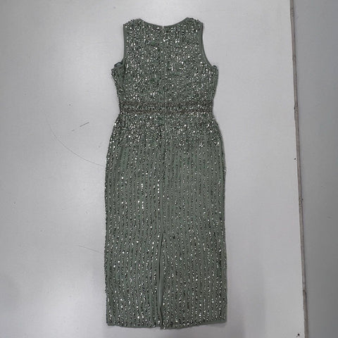 Mac Duggal Women's Sage Green Sequin Embellished Sleeveless V-Neck Dress Sz 6