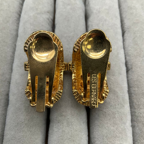 Vintage Les Bernard Gold Tone Clear Rhinestone Pave Dome Clip On Earrings
