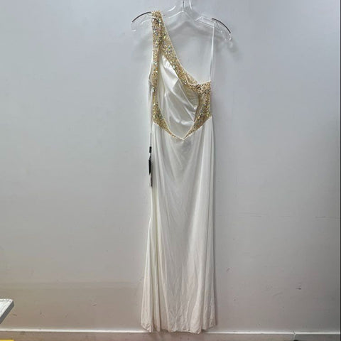 Cinderella Divine Women's Gown Dress Ivory Gold One Beaded Slit NWT Sz 14