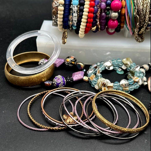 Vintage to Modern Costume Jewelry Bracelet Lot Bangles Beaded Cuffs Boho Mix