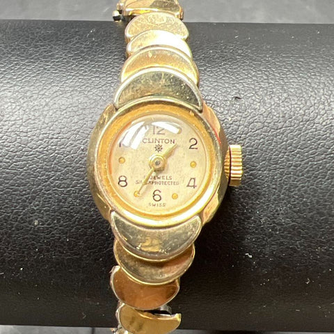 Vintage 10K Rolled Gold Plate Bezel Clinton Ladies Watch Ticking