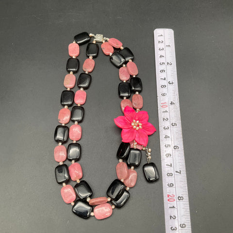 Double Strand Rhodonite Onyx Stone Pearl Carved Flower Statement Necklace