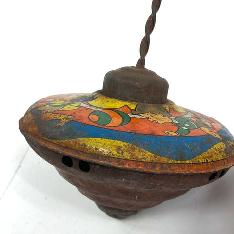 Vintage Toy Lot Fisher Price Music Box Teaching Clock & Tin Litho Spinning Tops