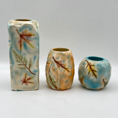 Studio Pottery Vase Lot 3 Pieces Signed Heart A Autumnal Leaf Motif Vintage