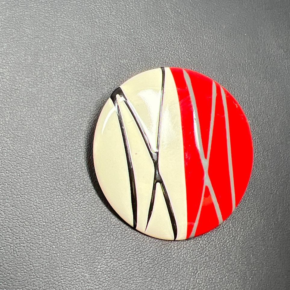 Vintage Abstract Red & White Round Brooch