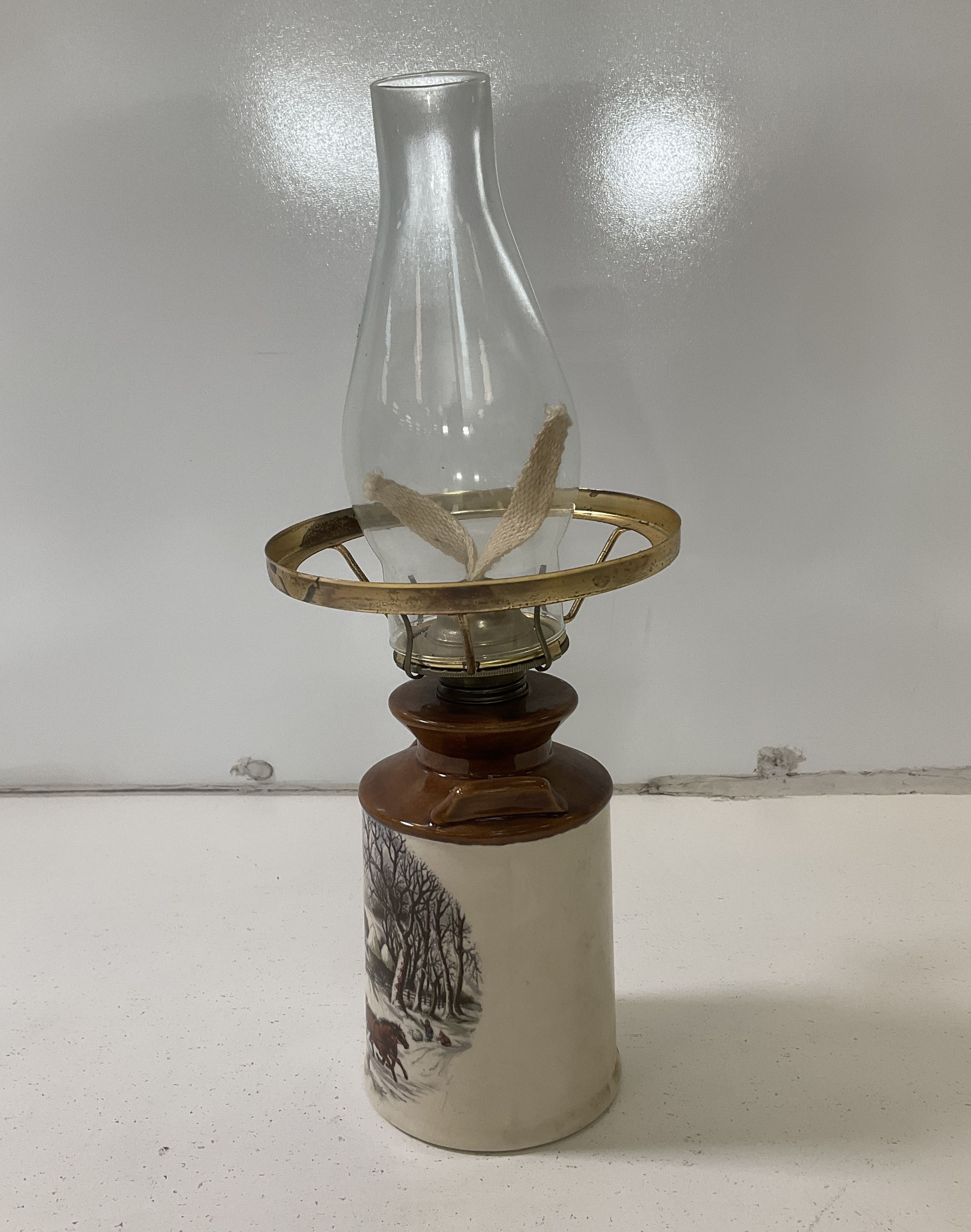 Vintage Decorative Oil Lamp Mini Crock Currier Ives Style Winter Horse Scene