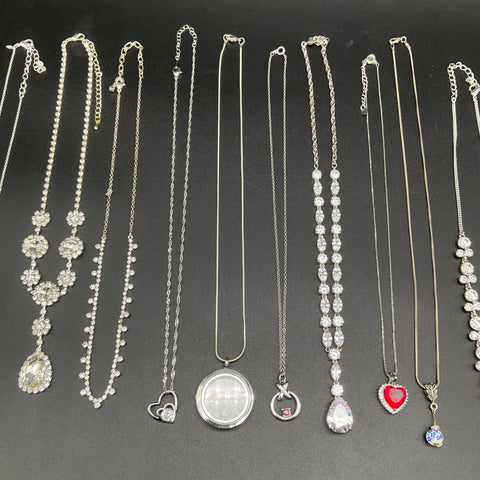 Fashion Jewelry Necklace Lot 11pc Silver Tone Rhinestone Faux Pearl Heart Locket